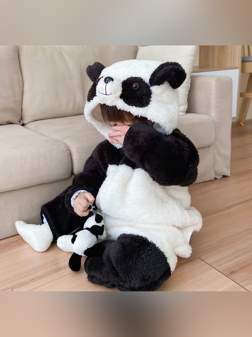 Halloween Kids Plush Panda Costume with Hoodie White & Black Full Zip 2-3T